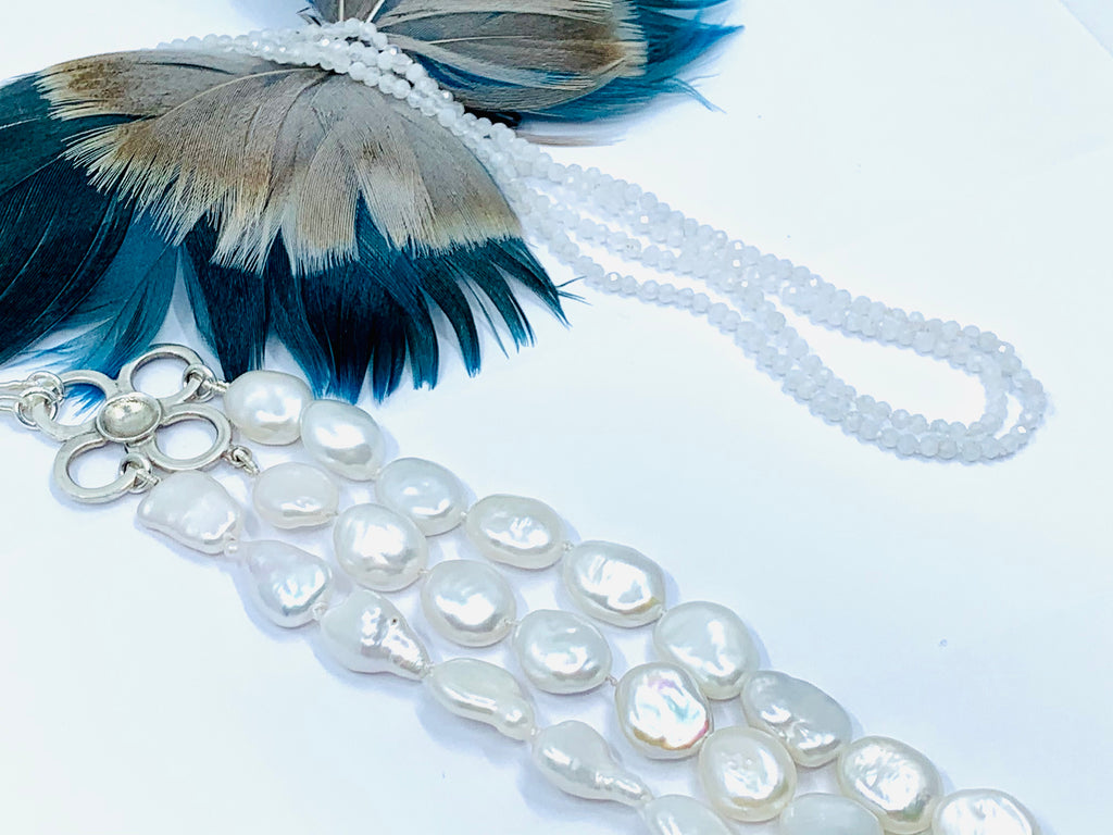 Baroque Pearl Triple Strand Necklace with Moonstones