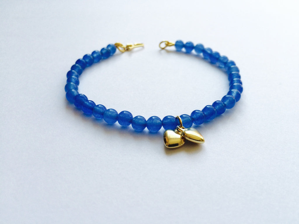 Blue Jade with 18ct Yellow Gold Vermeil Heart Charms